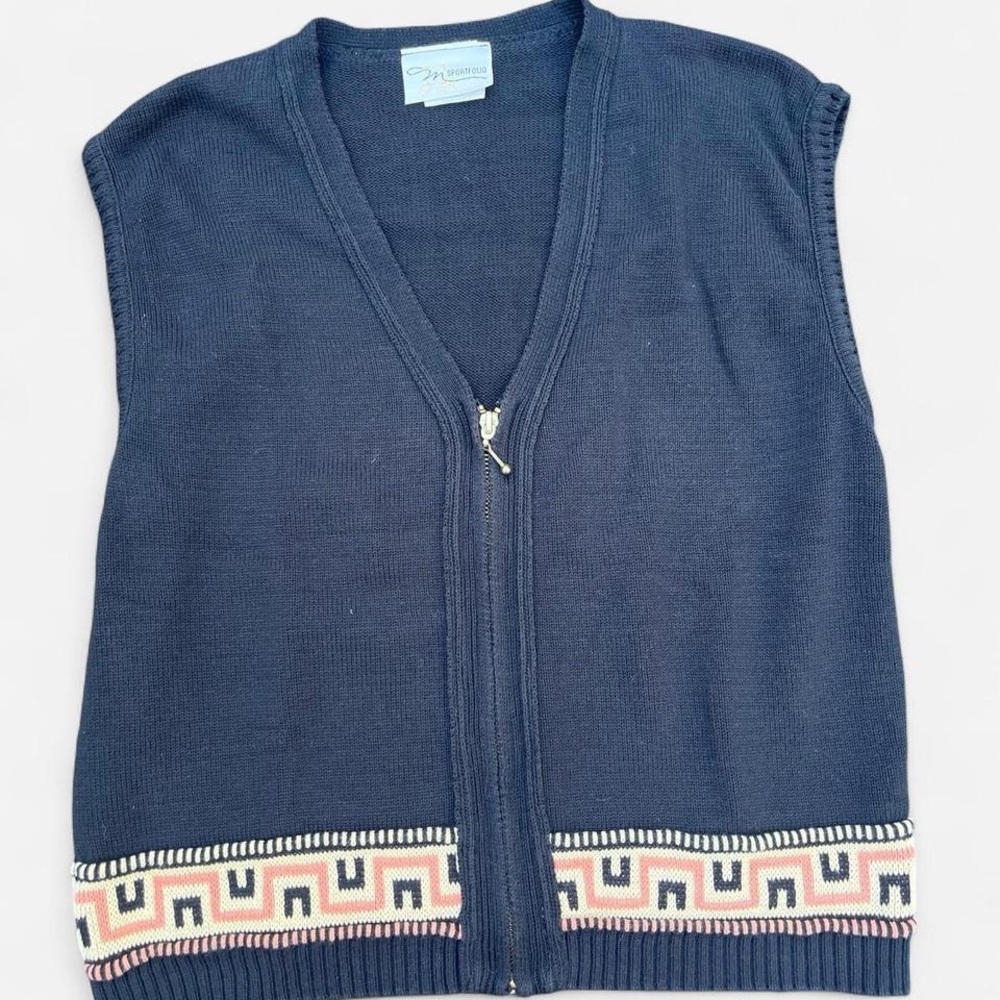 Black Zip-Up Vest with Patterned Hem